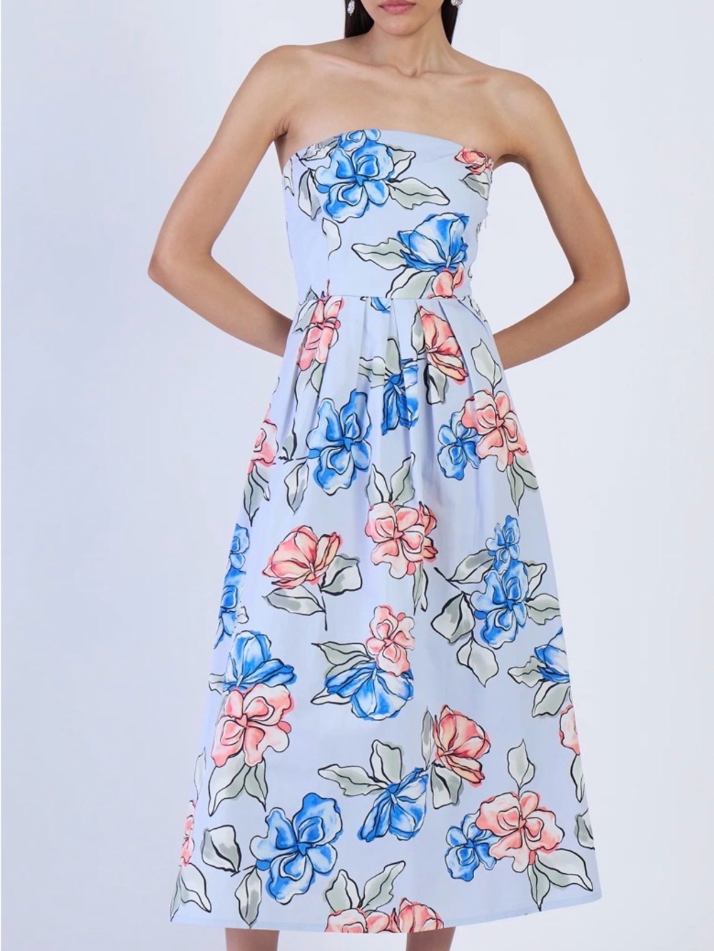 Light Blue Floral Strapless Midi Dress with Coral & Sky Blooms